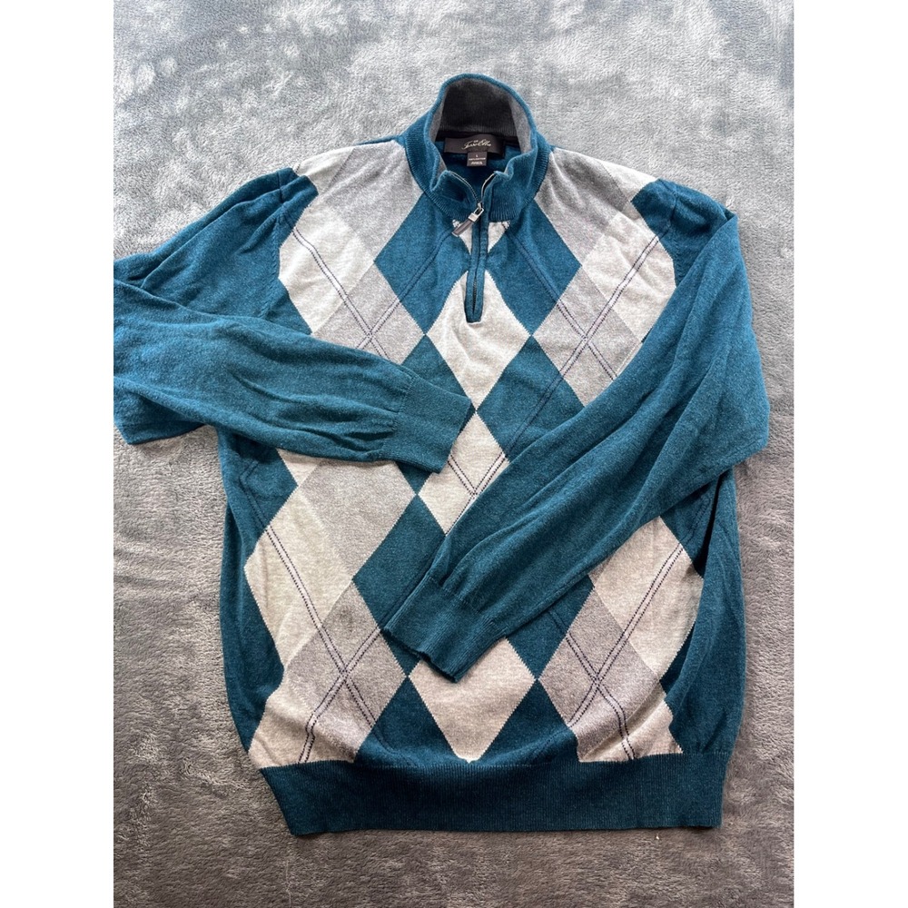 Tasso Elba Mens Teal Blue Argyle 100% Cotton Quarter Zip Sweater Large WPL 8046